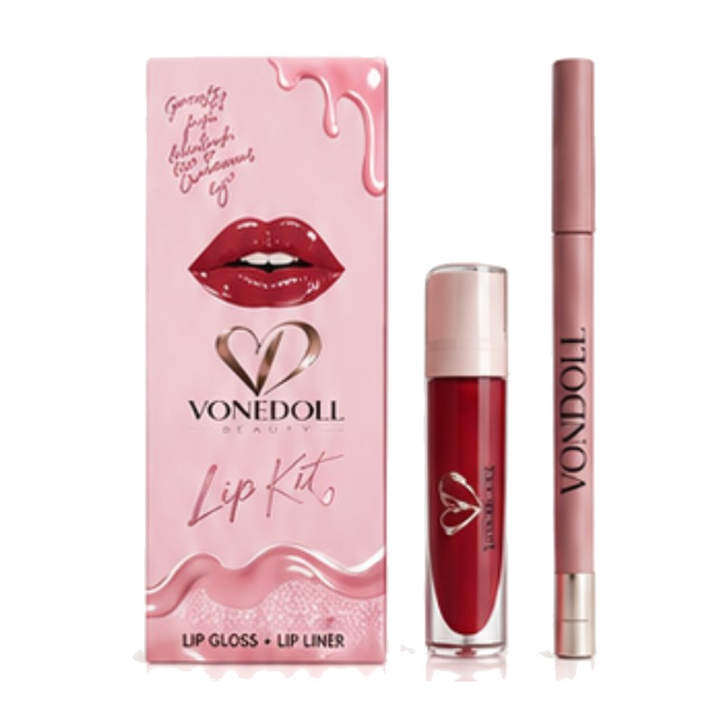 Vonedoll Beauty Luscious Red Lip Kit with lip gloss and lip liner.